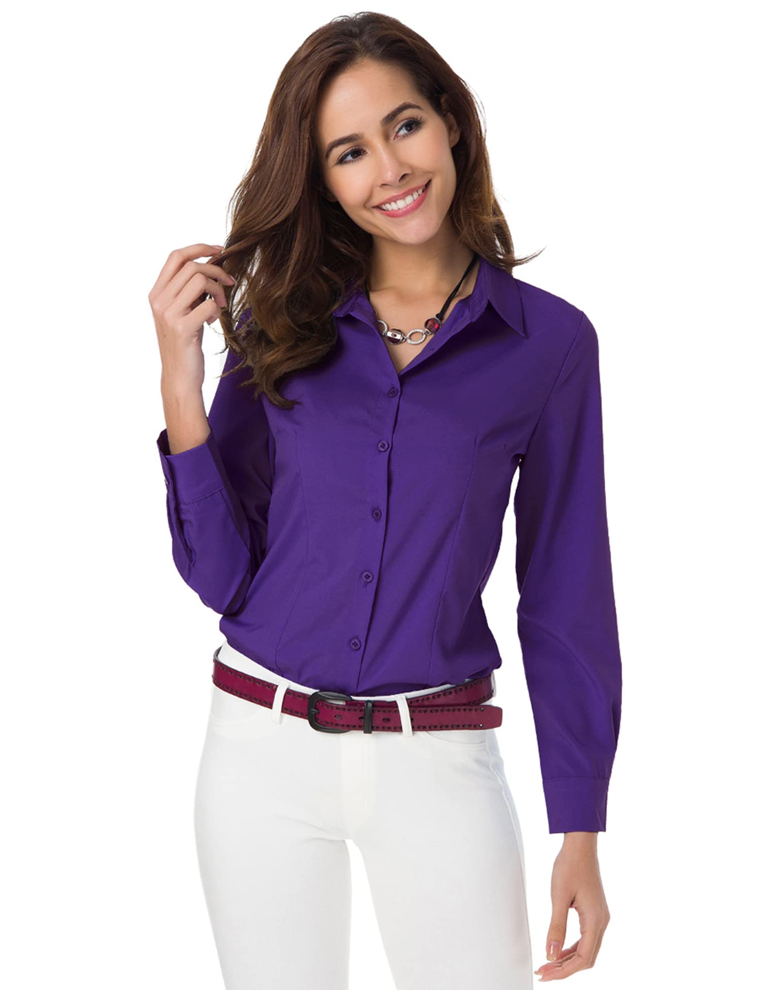 Atnlewhi Womens Long Sleeve Button Down Shirts Classic Blouse Stretch Wrinkle-Free Work Office Casual Dress Shirt