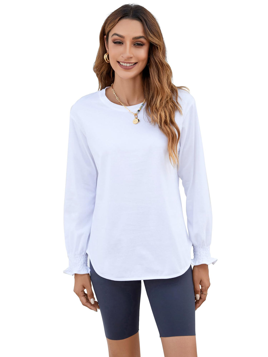 Women's Puff Sleeve Crew Neck Top – Long Sleeve Casual Cotton Blend T-Shirt