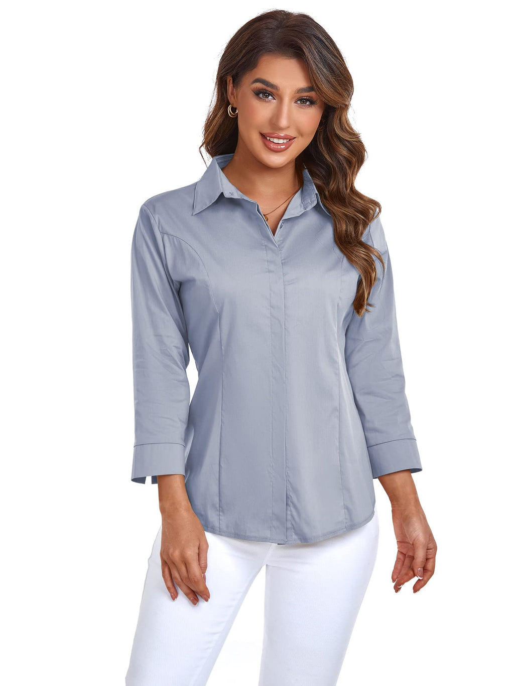 Atnlewhi Women's Button Down Shirts 3/4 Sleeve Business Stretch Work Office Formal Casual Blouse Tops