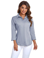 Women's 3/4 Sleeve Button Down Shirt – Stretch Cotton Business Casual Blouse