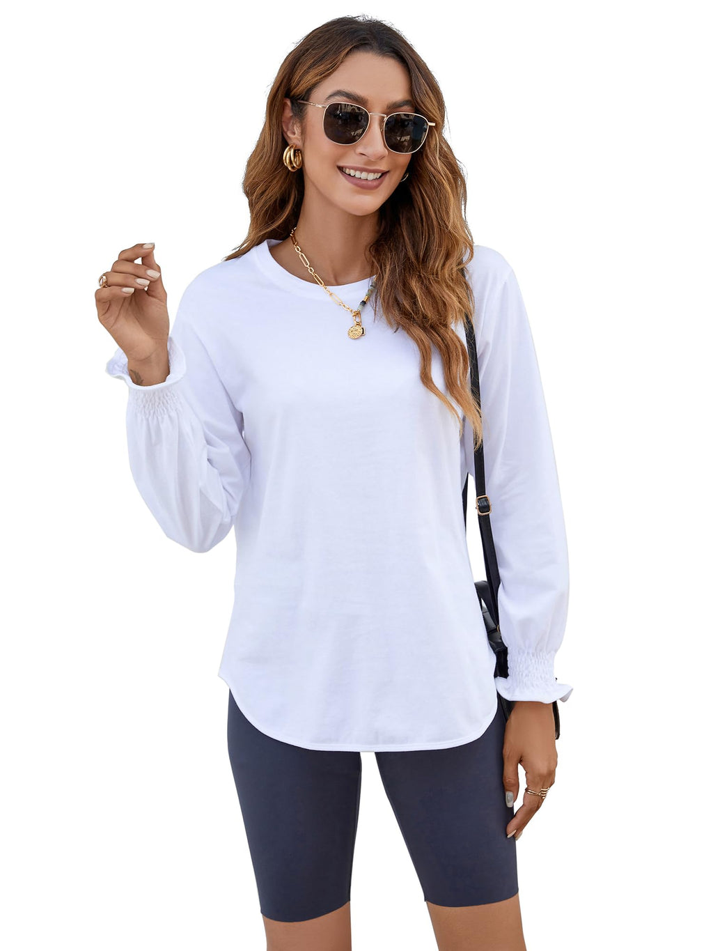 Women's Puff Sleeve Crew Neck Top – Long Sleeve Casual Cotton Blend T-Shirt