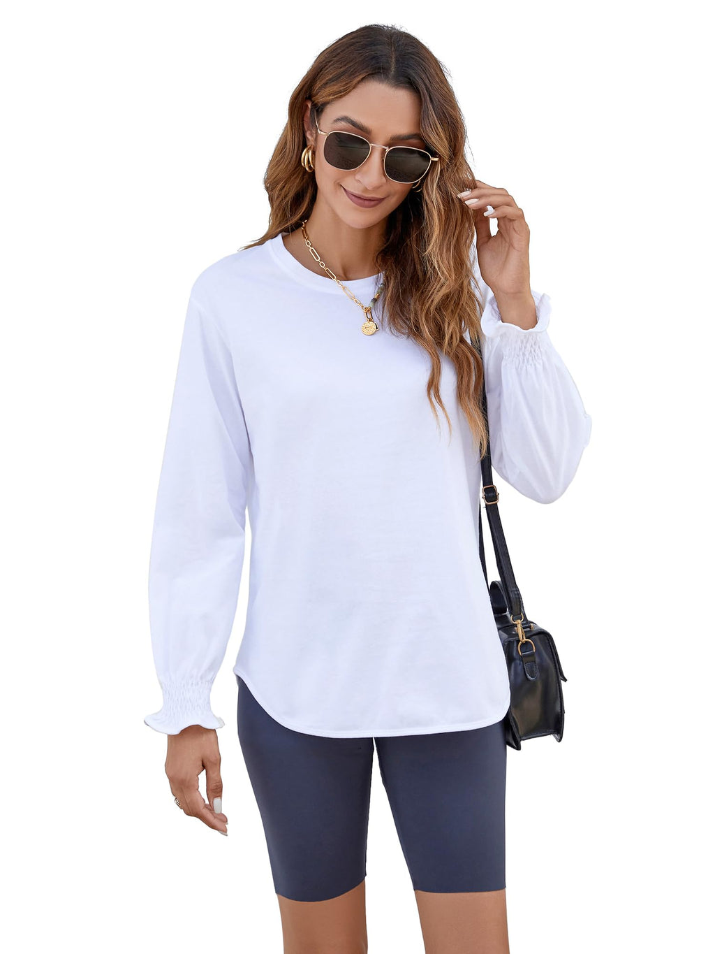 Women's Puff Sleeve Crew Neck Top – Long Sleeve Casual Cotton Blend T-Shirt