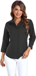 Women's 3/4 Sleeve Button Down Shirt – Stretch Cotton Business Casual Blouse