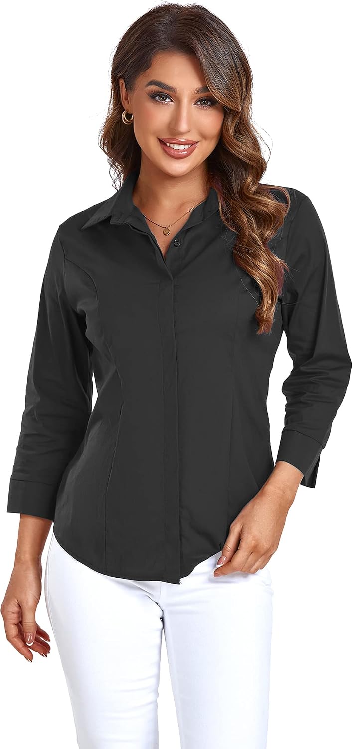 Atnlewhi Women's Button Down Shirts 3/4 Sleeve Business Stretch Work Office Formal Casual Blouse Tops