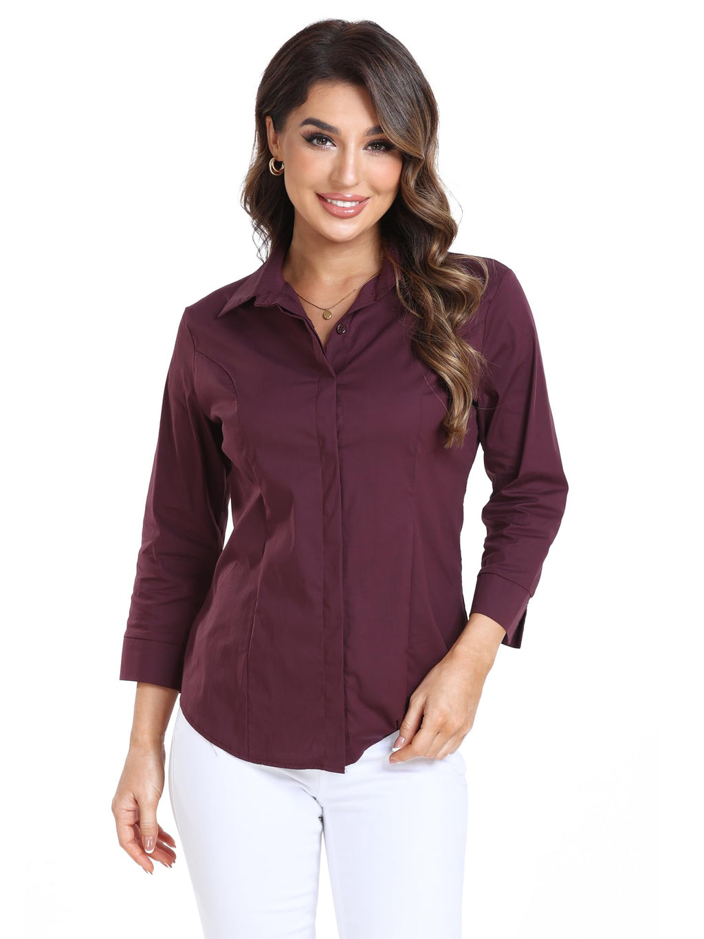 Atnlewhi Women's Button Down Shirts 3/4 Sleeve Business Stretch Work Office Formal Casual Blouse Tops