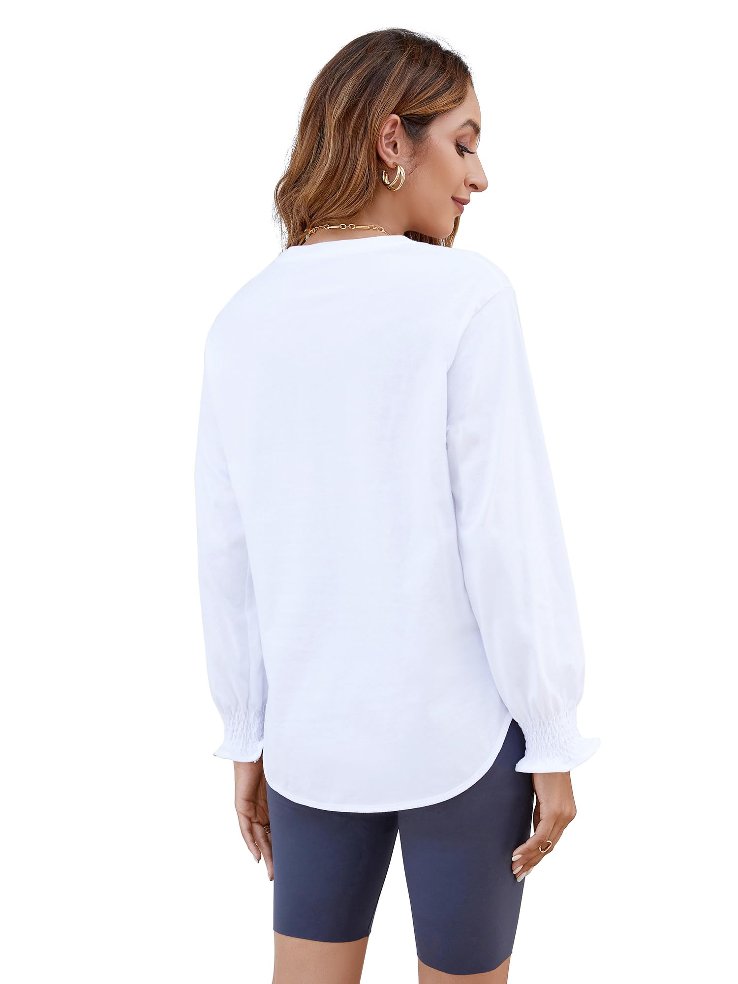 Women's Puff Sleeve Crew Neck Top – Long Sleeve Casual Cotton Blend T-Shirt