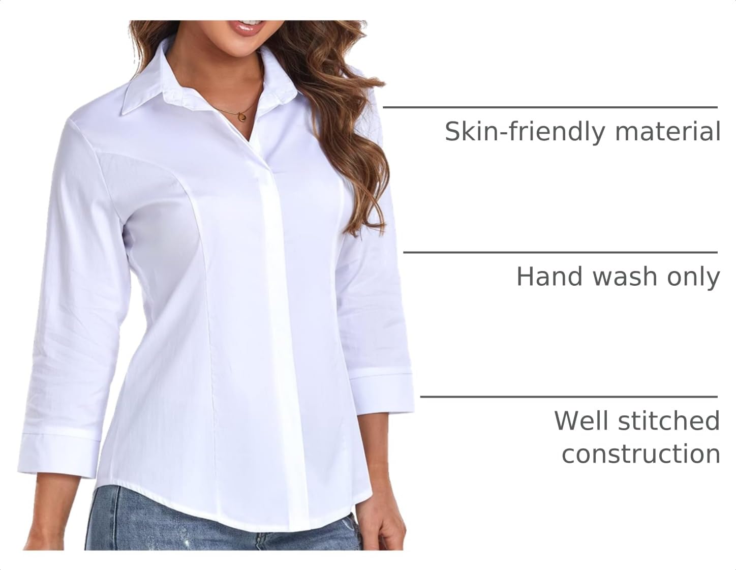 Atnlewhi Women's Button Down Shirts 3/4 Sleeve Business Stretch Work Office Formal Casual Blouse Tops