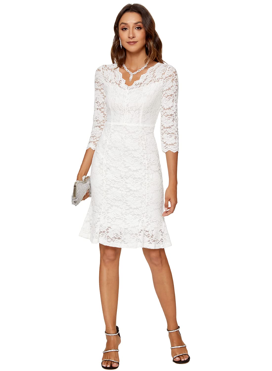 Atnlewhi Womens 3/4 Sleeve Slim Fit Lace Cocktail Dresses Party Wedding Guest V Neck Formal Evening Bodycon Dress