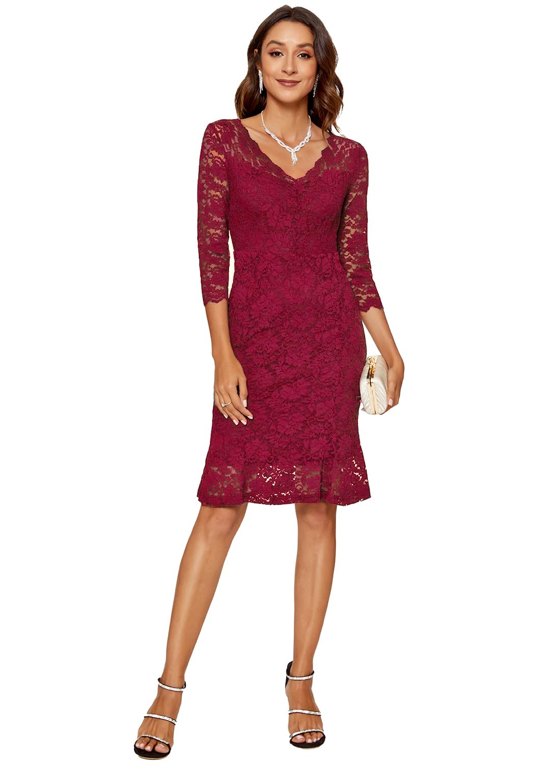 Atnlewhi Womens 3/4 Sleeve Slim Fit Lace Cocktail Dresses Party Wedding Guest V Neck Formal Evening Bodycon Dress