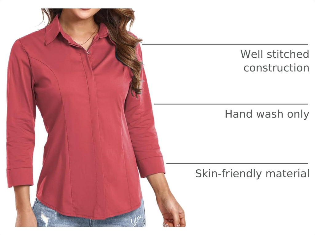 Atnlewhi Women's Button Down Shirts 3/4 Sleeve Business Stretch Work Office Formal Casual Blouse Tops