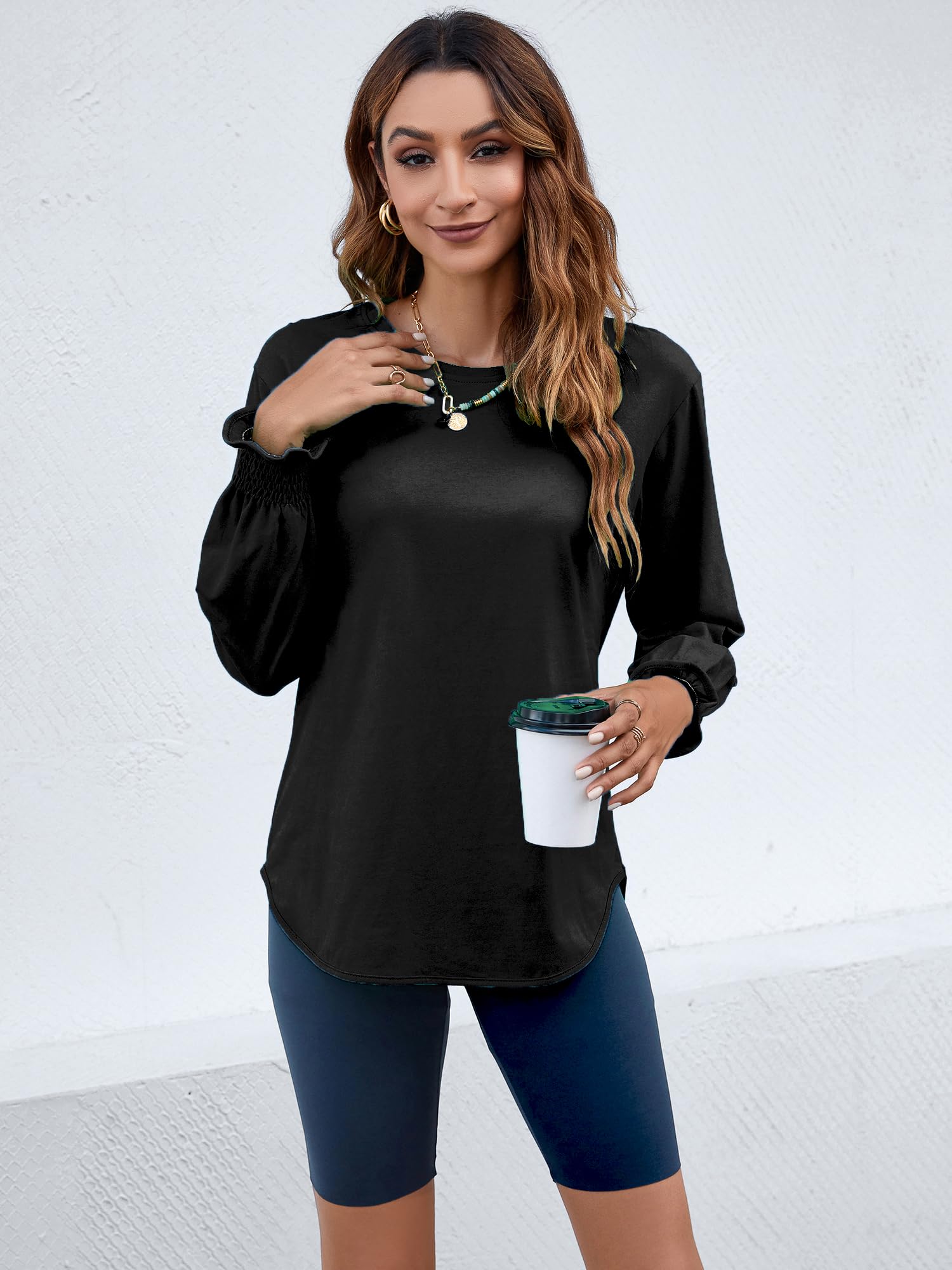 Women's Puff Sleeve Crew Neck Top – Long Sleeve Casual Cotton Blend T-Shirt