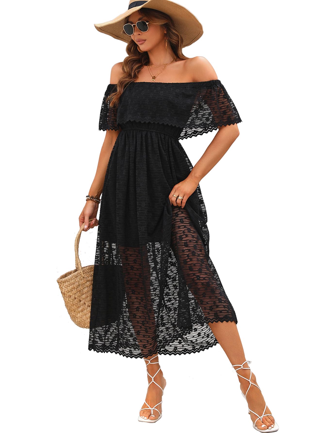 Atnlewhi Womens Lace Floral Off The Shoulder Ruffle Wedding Guest Maxi Dresses for Party Cocktail