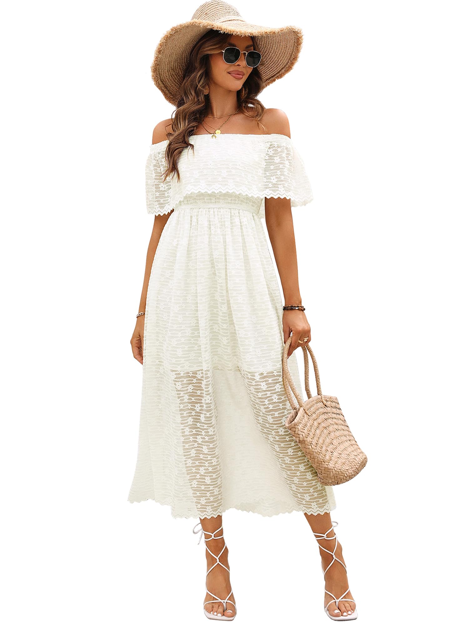 Atnlewhi Womens Lace Floral Off The Shoulder Ruffle Wedding Guest Maxi Dresses for Party Cocktail