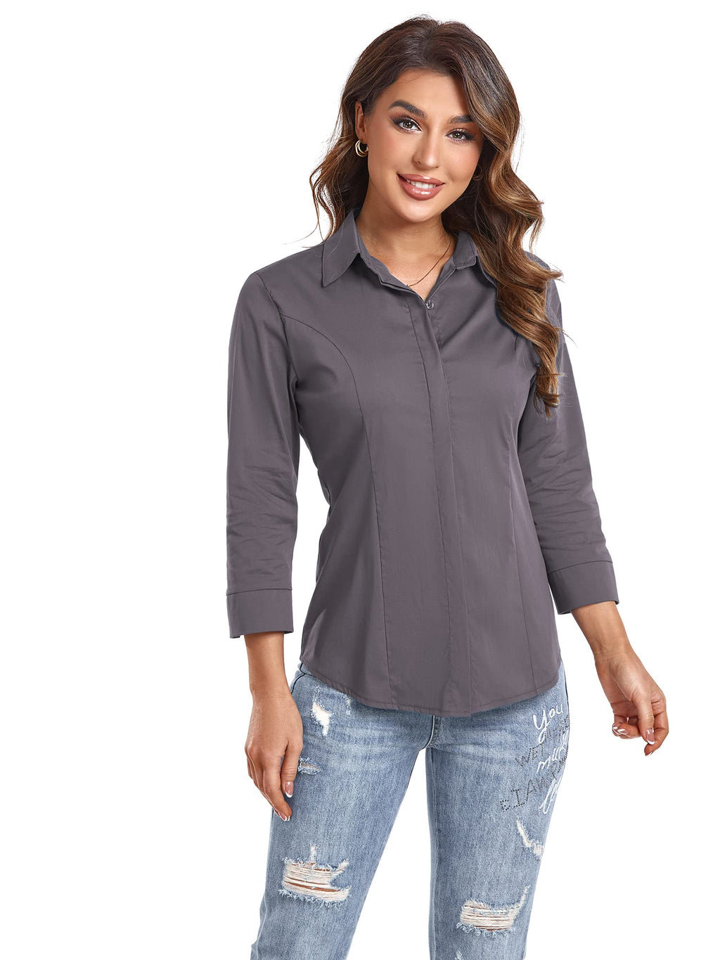 Atnlewhi Women's Button Down Shirts 3/4 Sleeve Business Stretch Work Office Formal Casual Blouse Tops