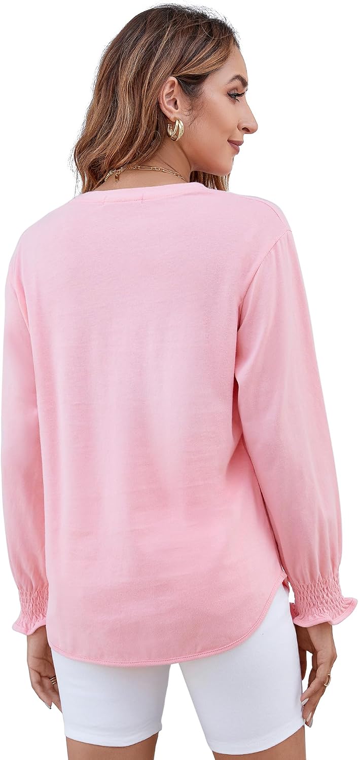 Women's Puff Sleeve Crew Neck Top – Long Sleeve Casual Cotton Blend T-Shirt