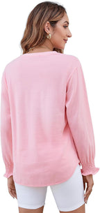 Women's Puff Sleeve Crew Neck Top – Long Sleeve Casual Cotton Blend T-Shirt