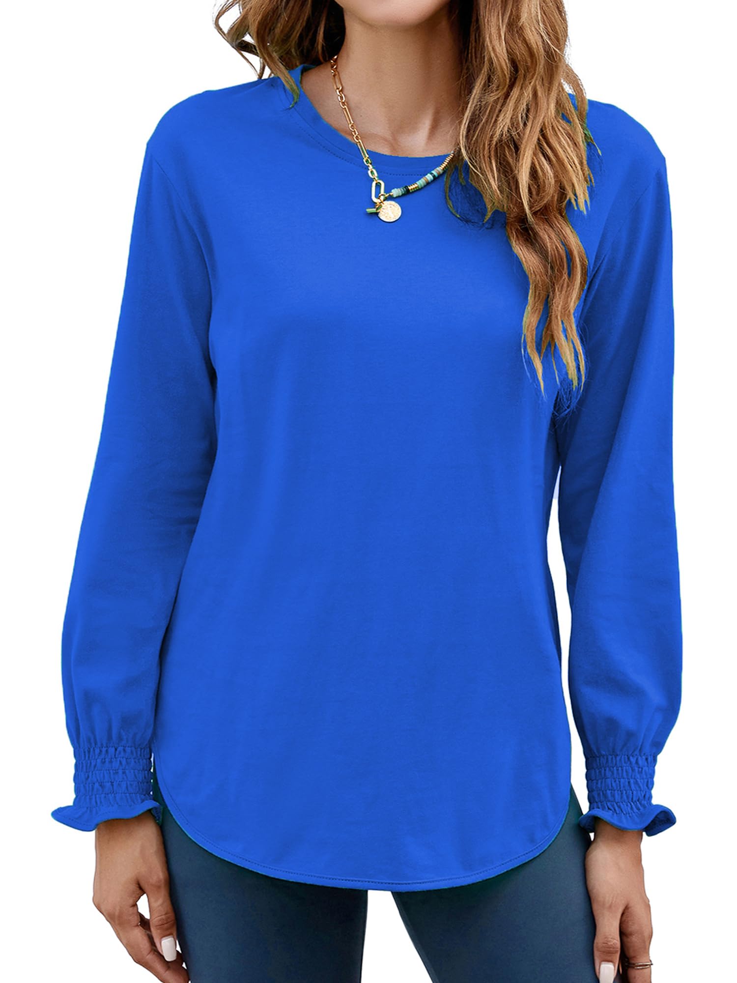 Women's Puff Sleeve Crew Neck Top – Long Sleeve Casual Cotton Blend T-Shirt