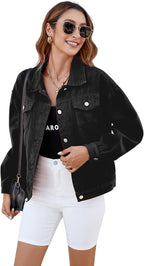 Women's Classic Denim Jacket – Long Sleeve Button Front Casual Jean Jacket