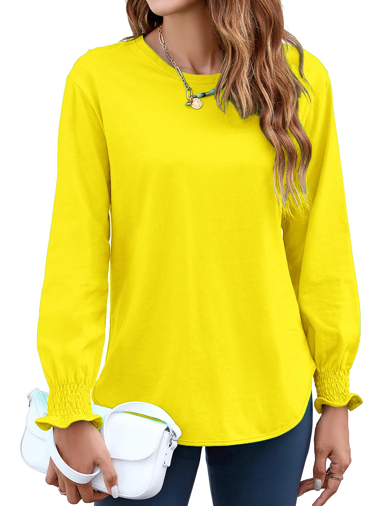 Women's Puff Sleeve Crew Neck Top – Long Sleeve Casual Cotton Blend T-Shirt