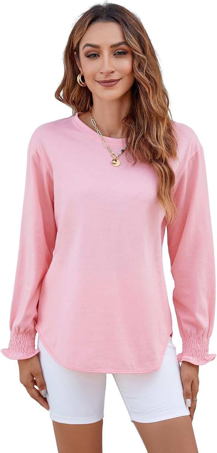 Women's Puff Sleeve Crew Neck Top – Long Sleeve Casual Cotton Blend T-Shirt