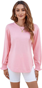 Women's Puff Sleeve Crew Neck Top – Long Sleeve Casual Cotton Blend T-Shirt