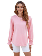 Women's Puff Sleeve Crew Neck Top – Long Sleeve Casual Cotton Blend T-Shirt