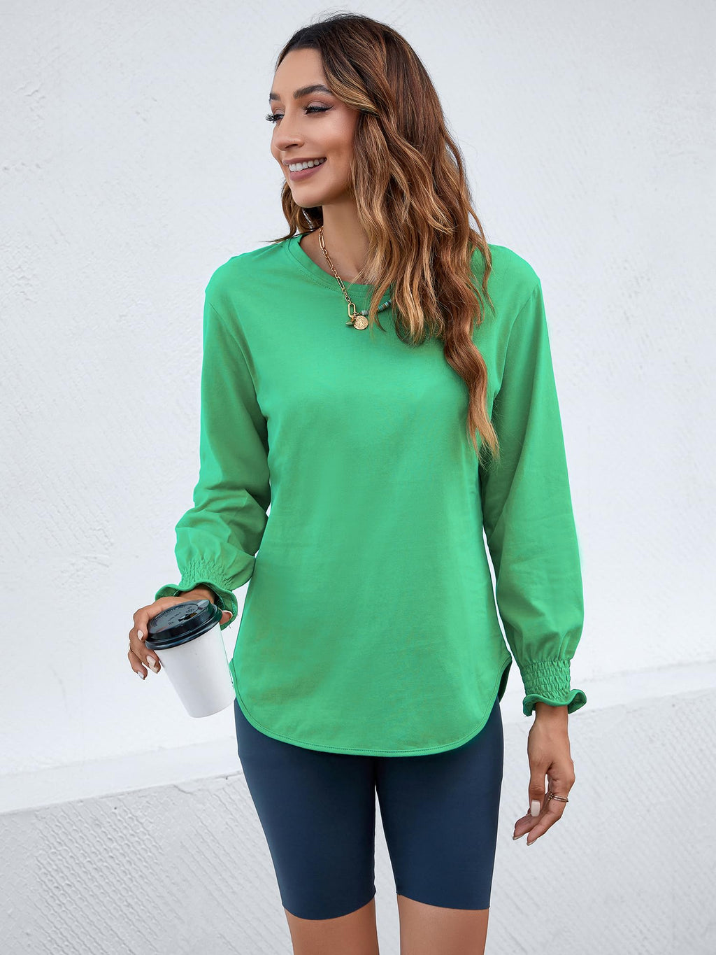 Women's Puff Sleeve Crew Neck Top – Long Sleeve Casual Cotton Blend T-Shirt