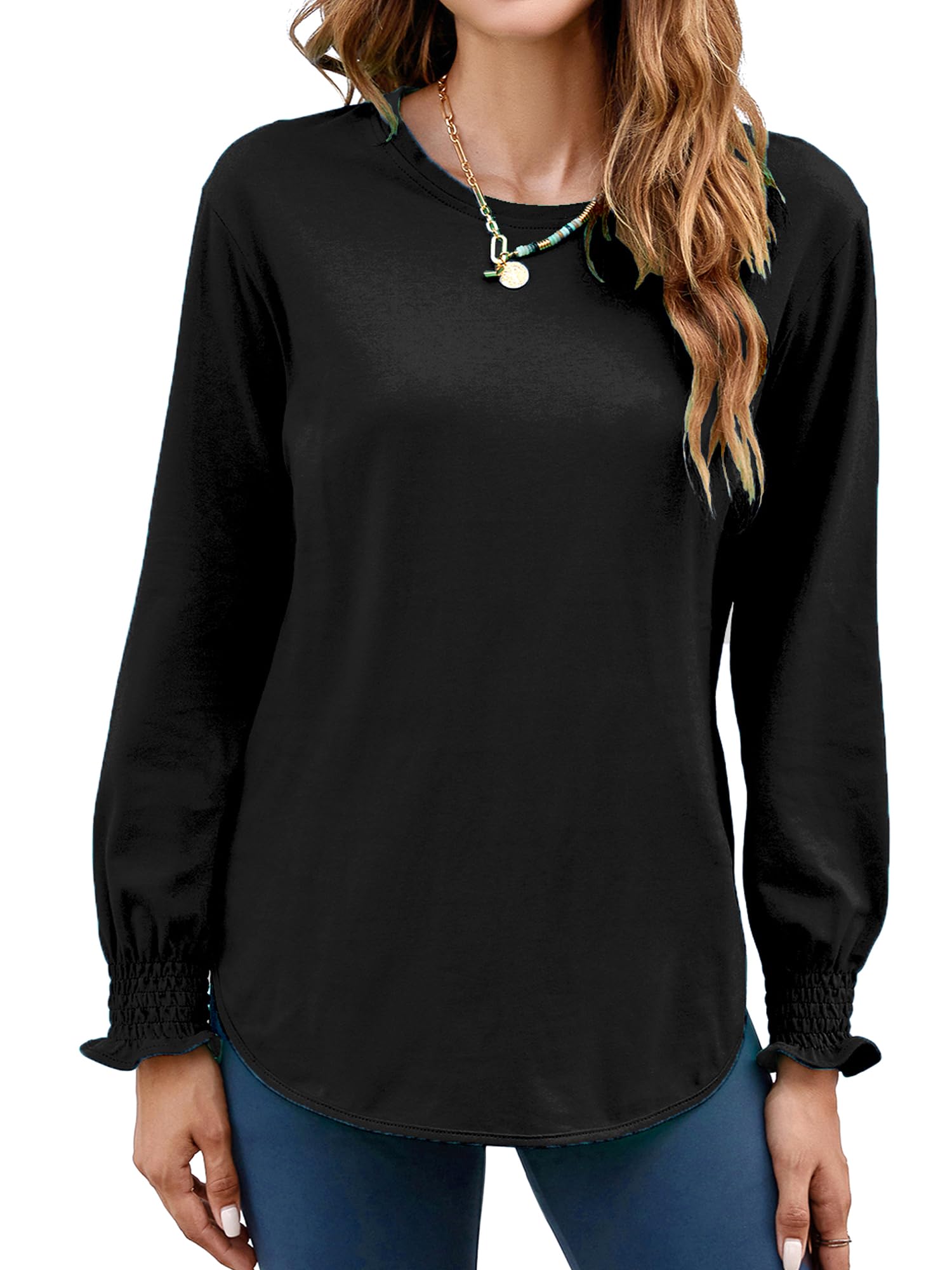 Women's Puff Sleeve Crew Neck Top – Long Sleeve Casual Cotton Blend T-Shirt