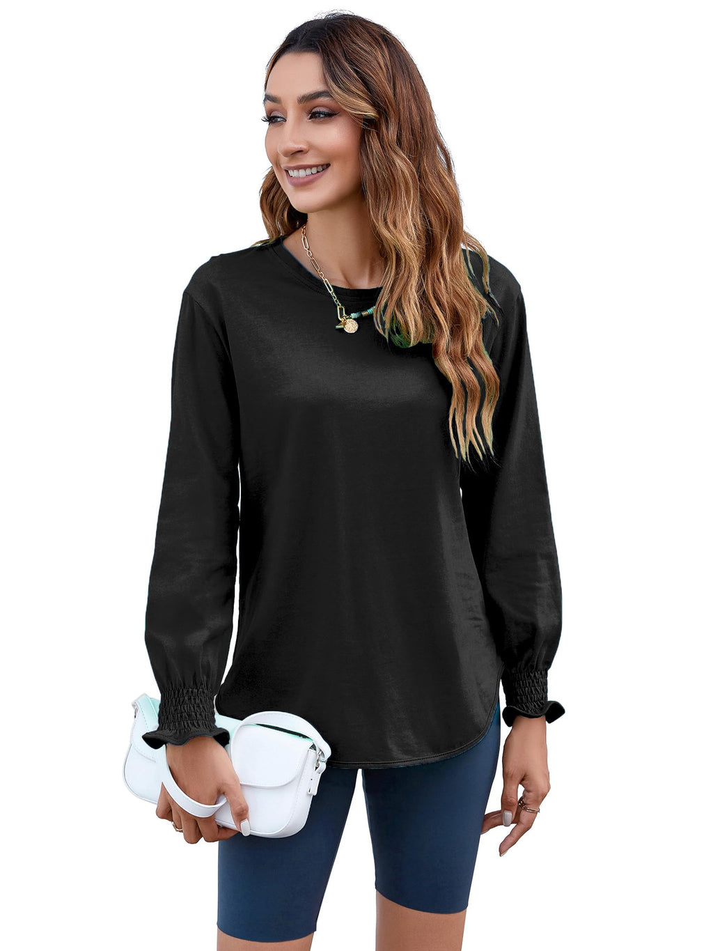 Women's Puff Sleeve Crew Neck Top – Long Sleeve Casual Cotton Blend T-Shirt