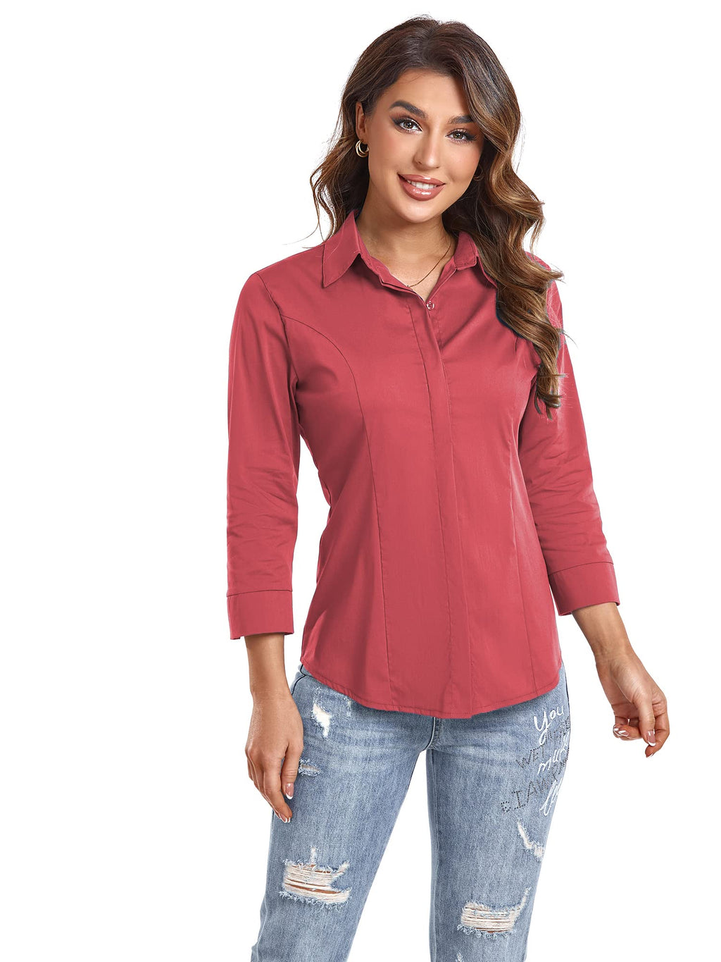 Atnlewhi Women's Button Down Shirts 3/4 Sleeve Business Stretch Work Office Formal Casual Blouse Tops