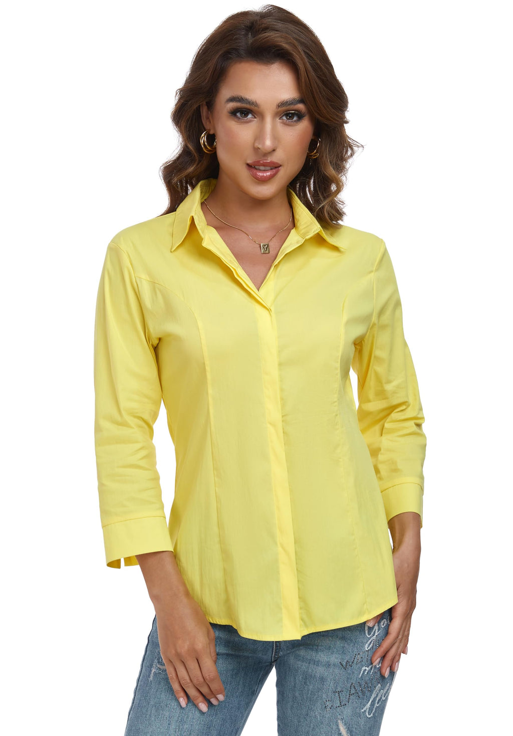 Atnlewhi Women's Button Down Shirts 3/4 Sleeve Business Stretch Work Office Formal Casual Blouse Tops
