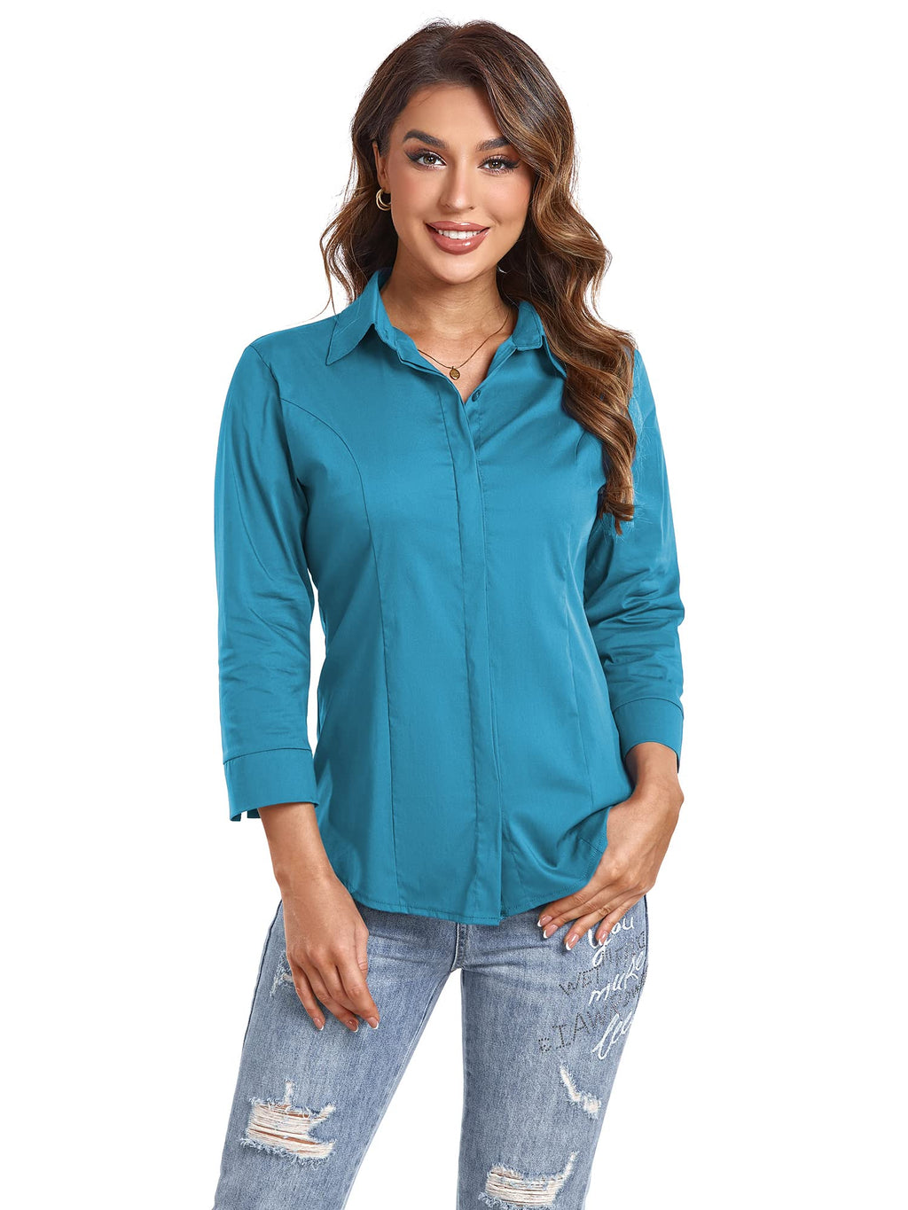 Atnlewhi Women's Button Down Shirts 3/4 Sleeve Business Stretch Work Office Formal Casual Blouse Tops