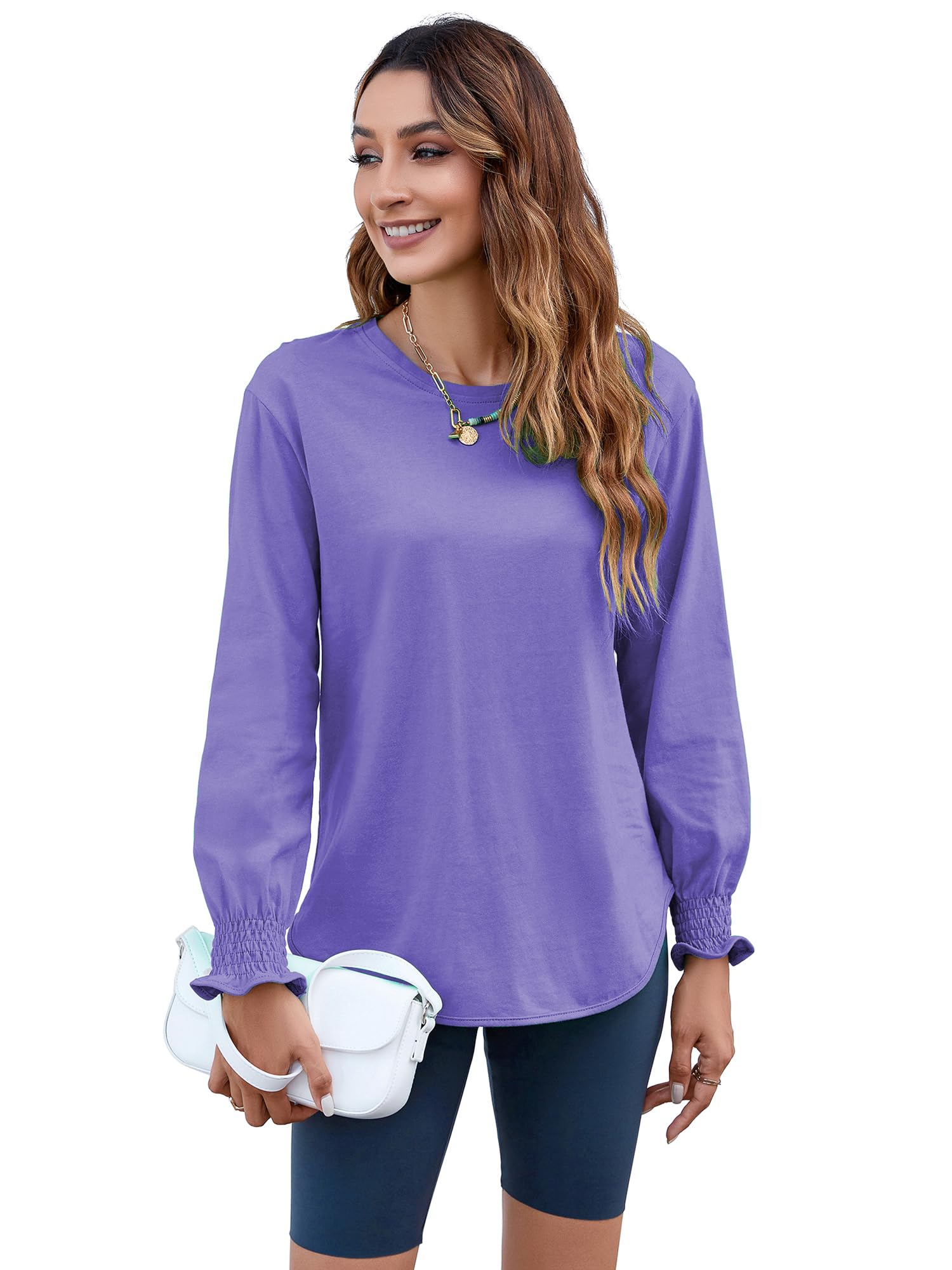 Women's Puff Sleeve Crew Neck Top – Long Sleeve Casual Cotton Blend T-Shirt