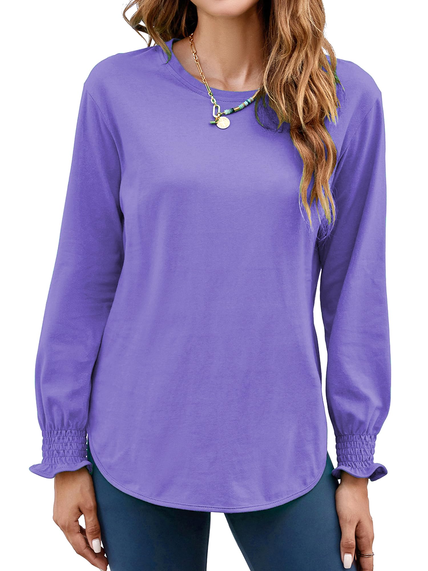 Women's Puff Sleeve Crew Neck Top – Long Sleeve Casual Cotton Blend T-Shirt