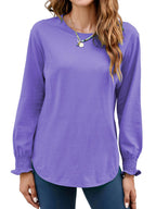 Women's Puff Sleeve Crew Neck Top – Long Sleeve Casual Cotton Blend T-Shirt