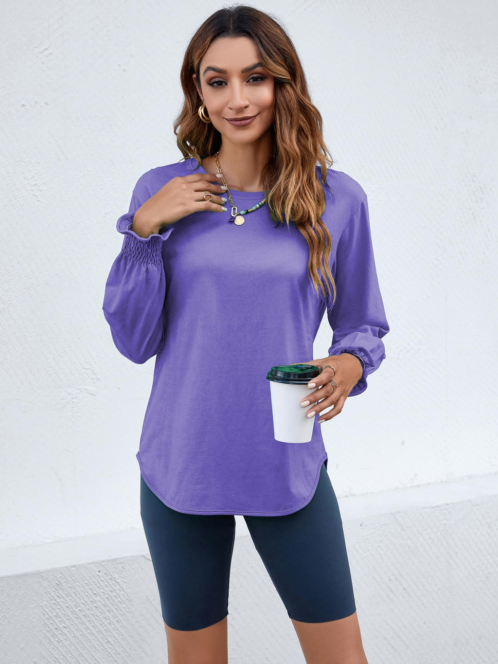 Women's Puff Sleeve Crew Neck Top – Long Sleeve Casual Cotton Blend T-Shirt