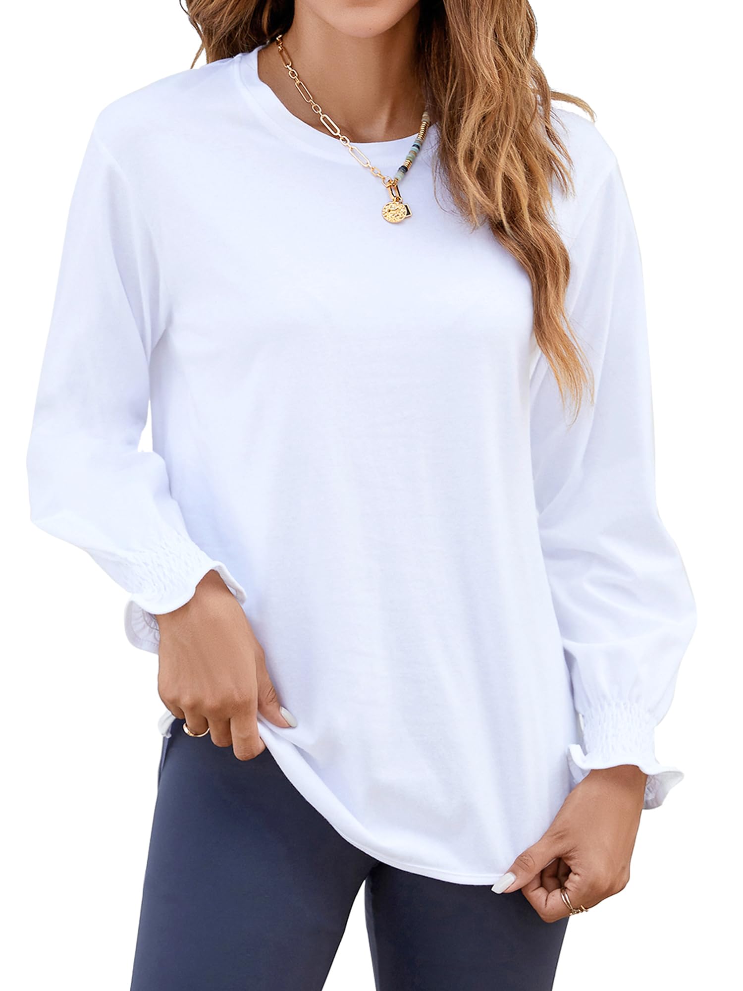 Women's Puff Sleeve Crew Neck Top – Long Sleeve Casual Cotton Blend T-Shirt