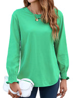 Women's Puff Sleeve Crew Neck Top – Long Sleeve Casual Cotton Blend T-Shirt