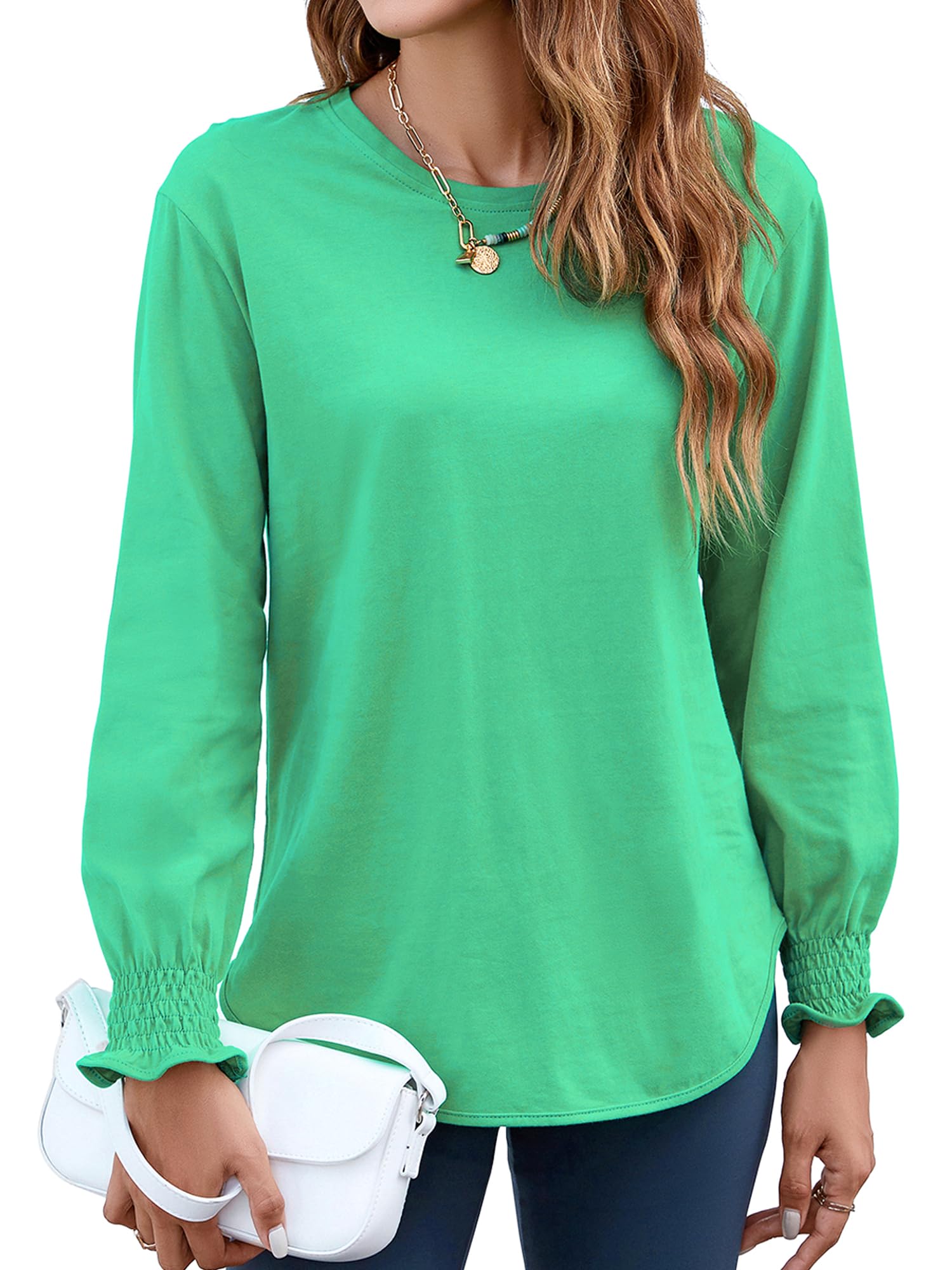 Women's Puff Sleeve Crew Neck Top – Long Sleeve Casual Cotton Blend T-Shirt
