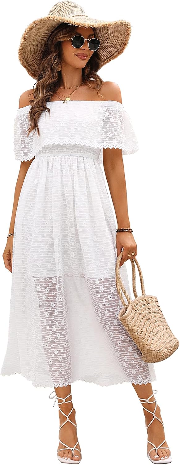Atnlewhi Womens Lace Floral Off The Shoulder Ruffle Wedding Guest Maxi Dresses for Party Cocktail