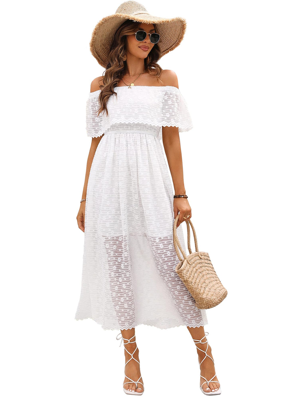Atnlewhi Womens Lace Floral Off The Shoulder Ruffle Wedding Guest Maxi Dresses for Party Cocktail