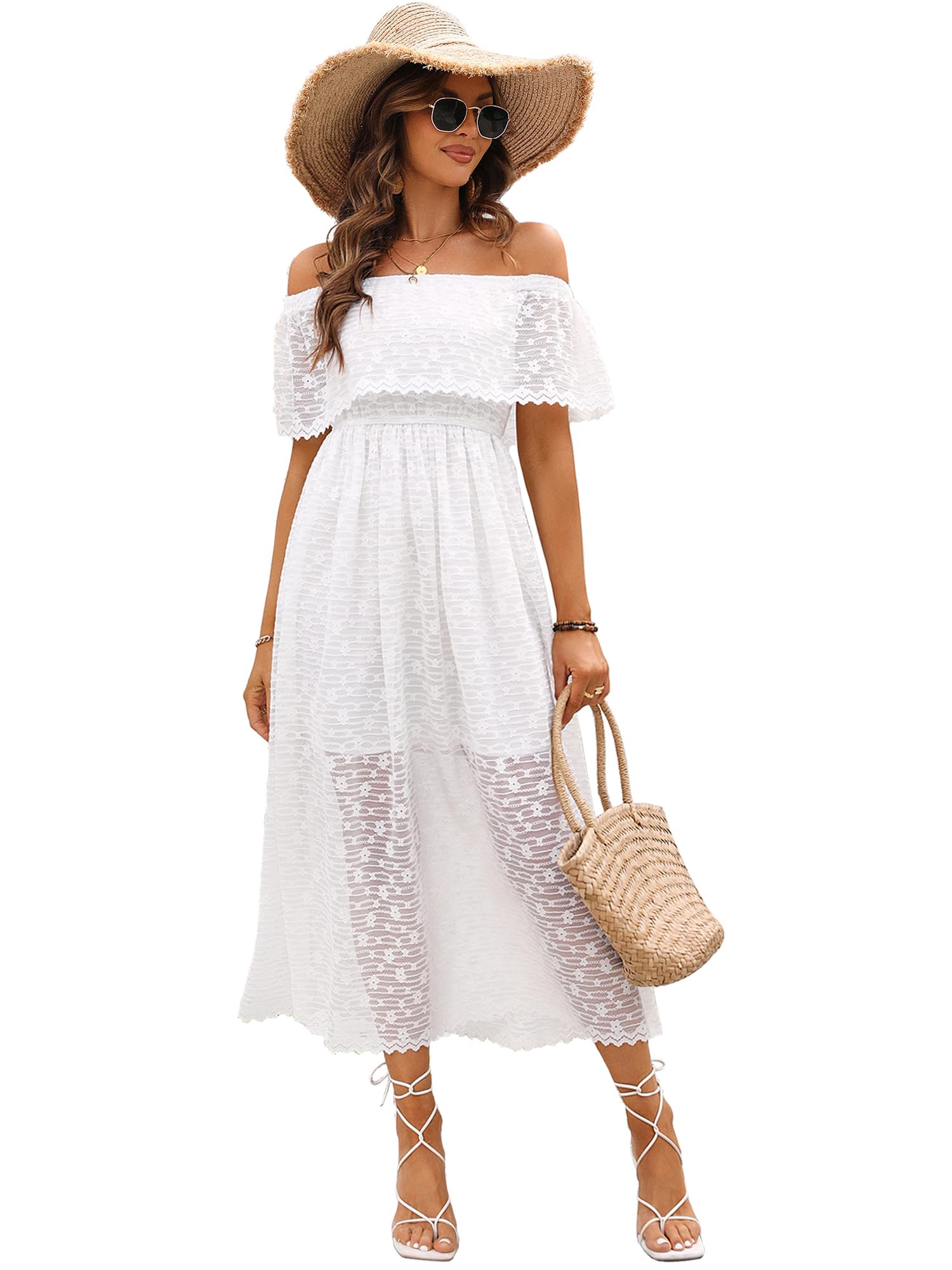 Atnlewhi Womens Lace Floral Off The Shoulder Ruffle Wedding Guest Maxi Dresses for Party Cocktail