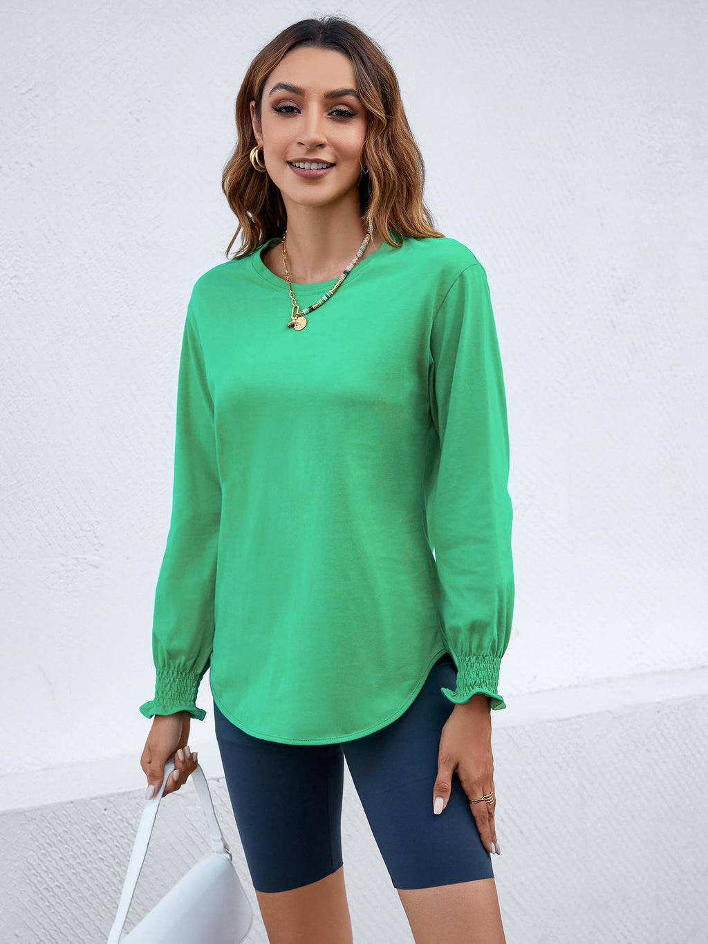 Women's Puff Sleeve Crew Neck Top – Long Sleeve Casual Cotton Blend T-Shirt