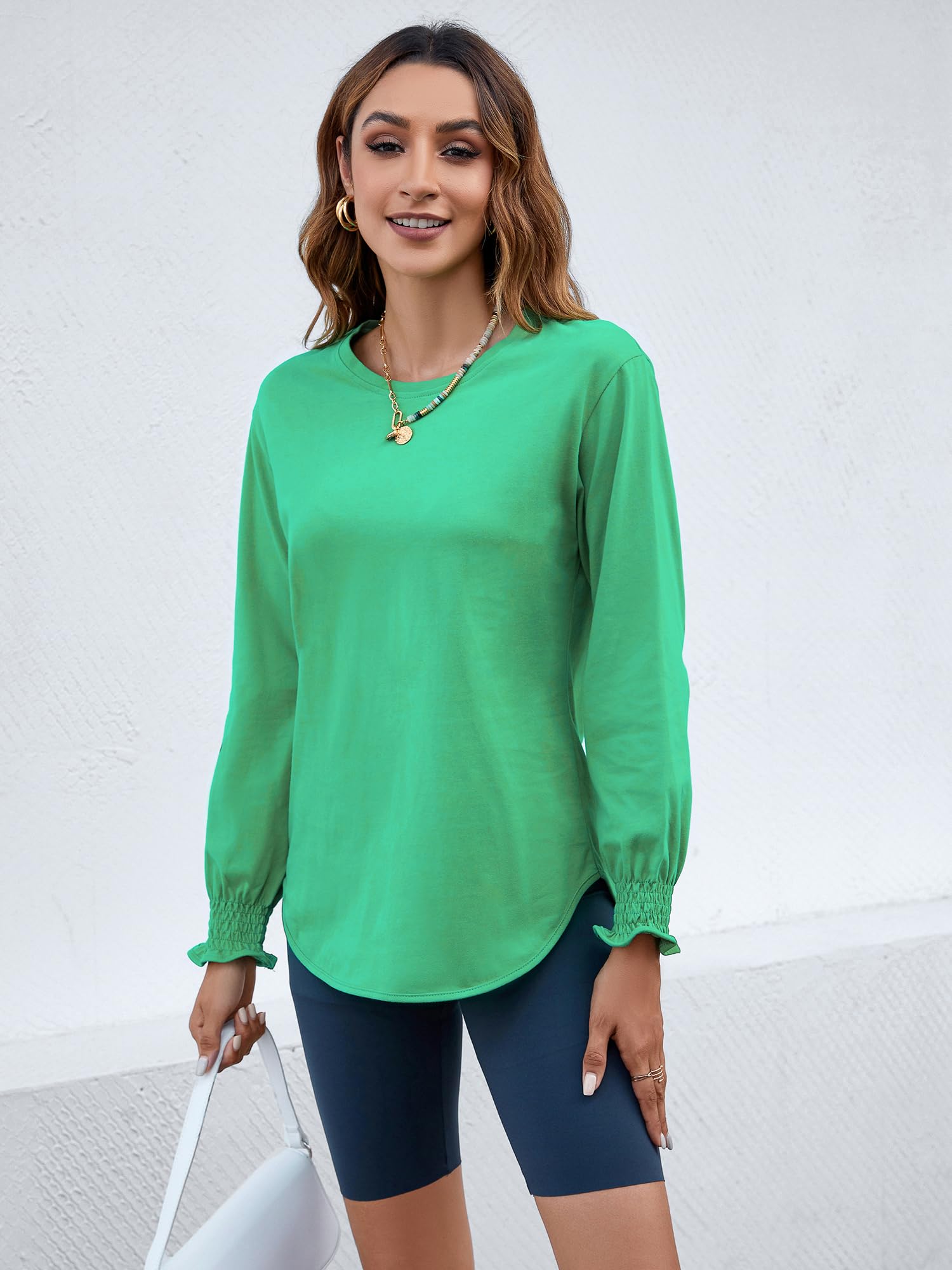 Women's Puff Sleeve Crew Neck Top – Long Sleeve Casual Cotton Blend T-Shirt
