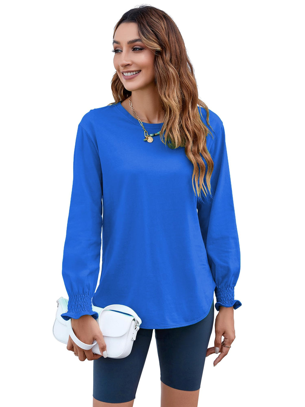 Women's Puff Sleeve Crew Neck Top – Long Sleeve Casual Cotton Blend T-Shirt