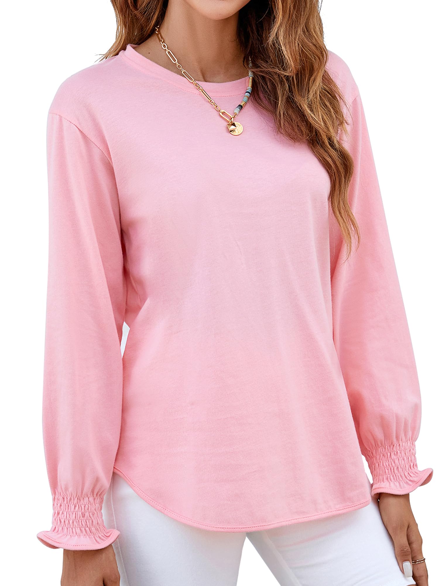Women's Puff Sleeve Crew Neck Top – Long Sleeve Casual Cotton Blend T-Shirt