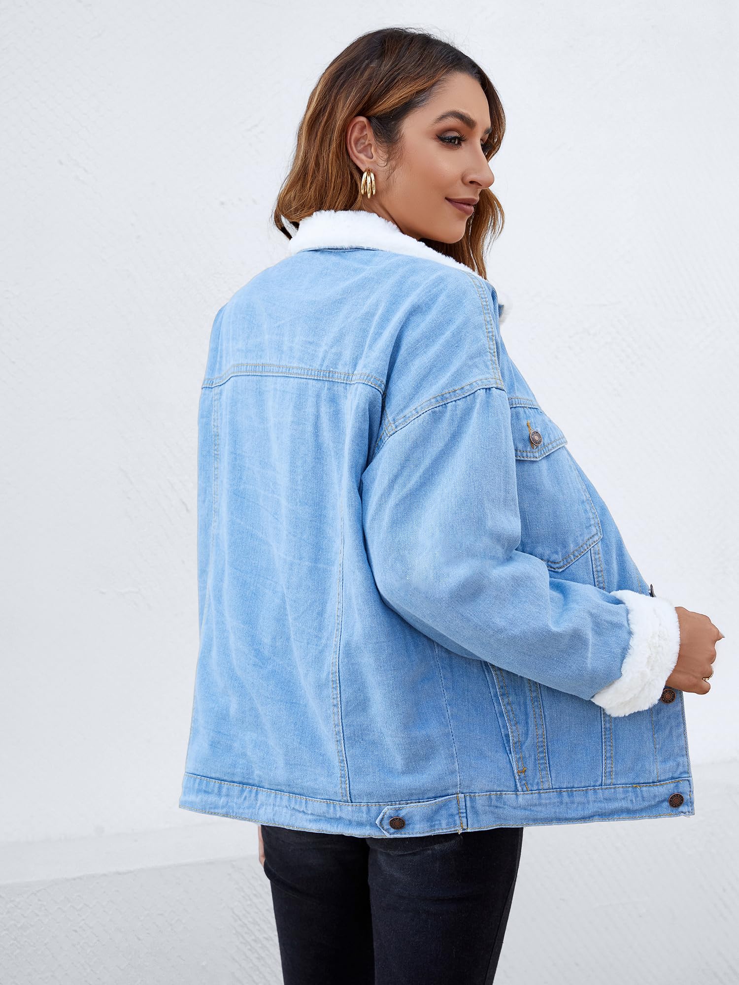 Atnlewhi Women's Retro Sherpa Lined Warm Denim Jean Jacket Thicker Jacket Coats with Pockets