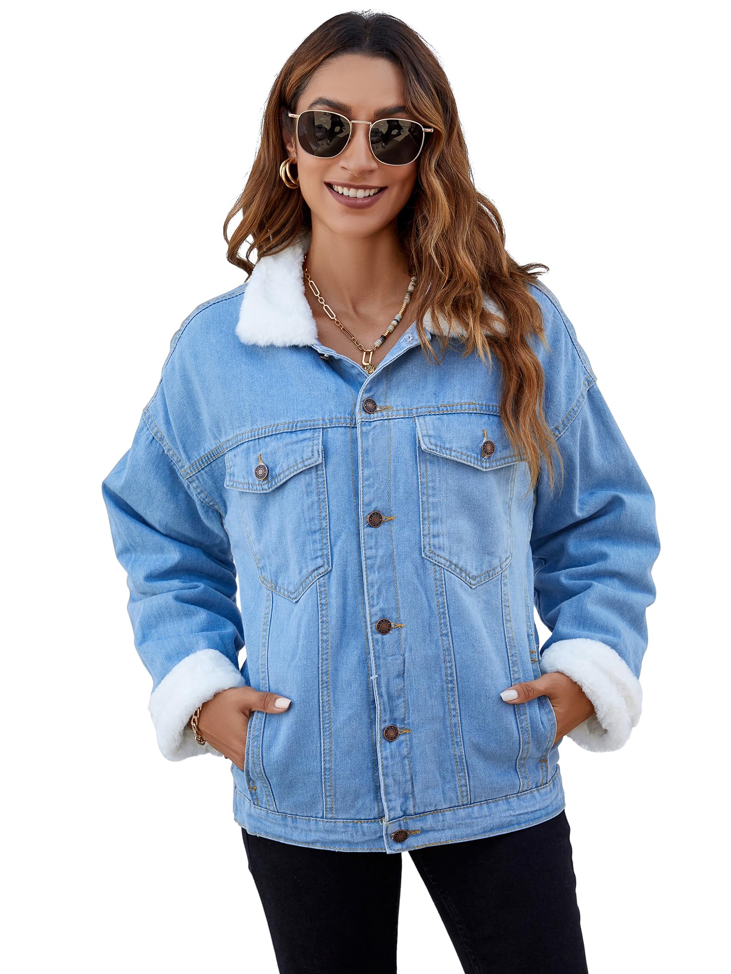 Atnlewhi Women's Retro Sherpa Lined Warm Denim Jean Jacket Thicker Jacket Coats with Pockets