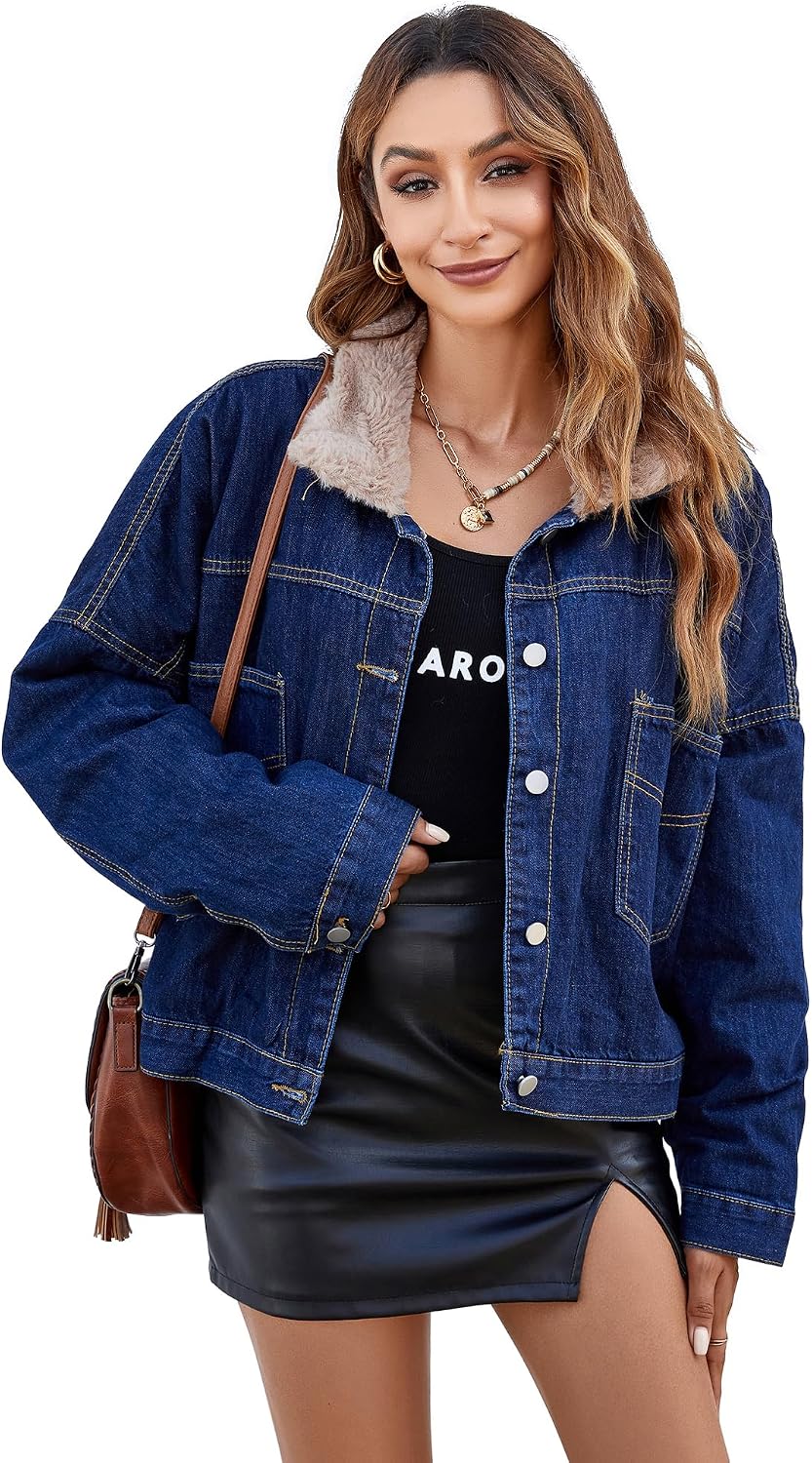 Atnlewhi Women's Retro Sherpa Lined Warm Denim Jean Jacket Thicker Jacket Coats with Pockets