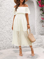 Women's Off Shoulder Lace Maxi Dress – Floral Ruffle A-Line Wedding Guest Dress